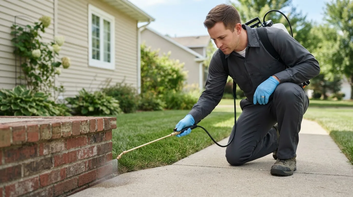 Pest control technician treating a home near Piedmont, OK