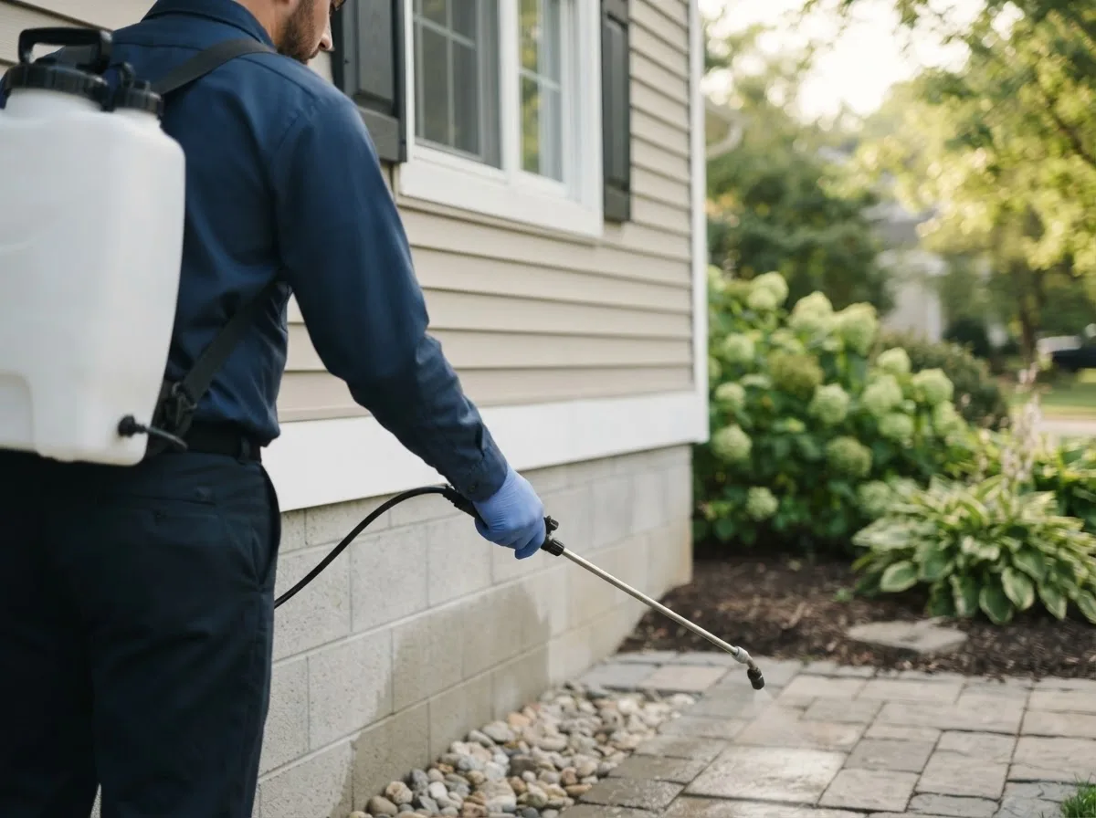 Pest control technician inspecting a home in Piedmont, OK